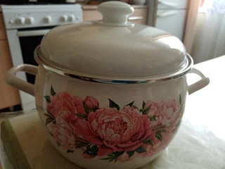 Кастрюля эмалированная сталь, 5 л, с крышкой, крышка сталь, полусфера, ЛЗЭП, Букет пионов, С-4216АП2/4Жм, индукция - фото 3 от пользователя