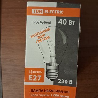 Лампа накаливания E27, 40 Вт, груша/гриб, TDM Electric, SQ0332-0035 - фото 1 от пользователя