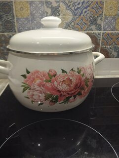 Кастрюля эмалированная сталь, 5 л, с крышкой, крышка сталь, полусфера, ЛЗЭП, Букет пионов, С-4216АП2/4Жм, индукция - фото 3 от пользователя
