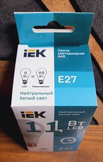 Лампа светодиодная E27, 11 Вт, 75 Вт, 230 В, груша, 4000 К, нейтральный белый свет, IEK, A60, LED - фото 1 от пользователя