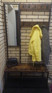 Вешалка напольная 98х36х185 см, металл, полка для обуви, 100 кг, HSR050B01, коричнево-черная, с зеркалом - фото 1 от пользователя