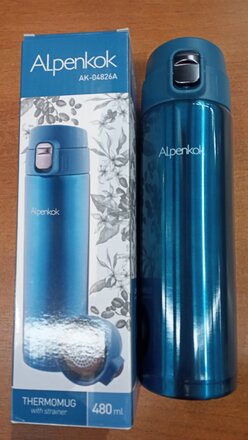 Термокружка нержавеющая сталь, 0.48 л, Alpenkok, колба нержавеющая сталь, с ситечком, голубая, AK-04826A - фото 1 от пользователя