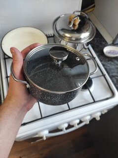 Кастрюля алюминий, антипригарное покрытие, 0.8 л, с крышкой, крышка стекло, Hoffmann, НМ 7764, черный мрамор, индукция - фото 2 от пользователя