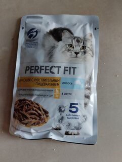 Корм для животных Perfect Fit, 75 г, для кошек с чувствительным пищеварением, кусочки в соусе, лосось, N1804 - фото 2 от пользователя