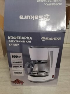 Кофеварка электрическая, капельная, пластик, 0.6 л, Sakura, SA-6107BK, 650 Вт, 5, пластиковая ручка, 550-650 Вт, черная, SA-6107BK - фото 1 от пользователя