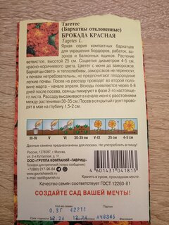 Семена Цветы, Бархатцы, Брокада красная Тагетес, 0.3 г, отклоненные, цветная упаковка, Гавриш - фото 7 от пользователя