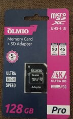 Карта памяти OLMIO, Pro, 128 Гб, microSDXC, UHS-I U3, с адаптером, 039606 - фото 1 от пользователя