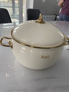 Кастрюля эмалированная сталь, 5 л, с крышкой, крышка сталь, ручки золотые, RasheL, R1622, кремовая, индукция - фото 1 от пользователя