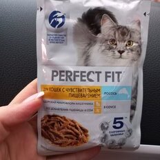 Корм для животных Perfect Fit, 75 г, для кошек с чувствительным пищеварением, кусочки в соусе, лосось, N1804 - фото 1 от пользователя